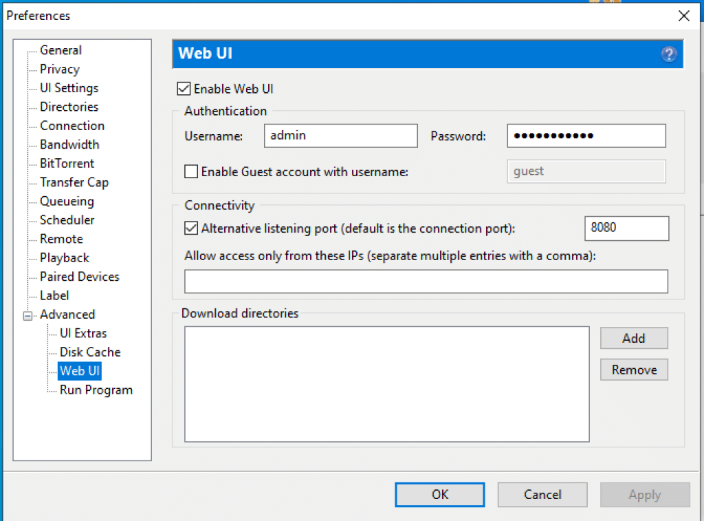 uTorrent: Advanced > Webu UI > Enable Web UI

