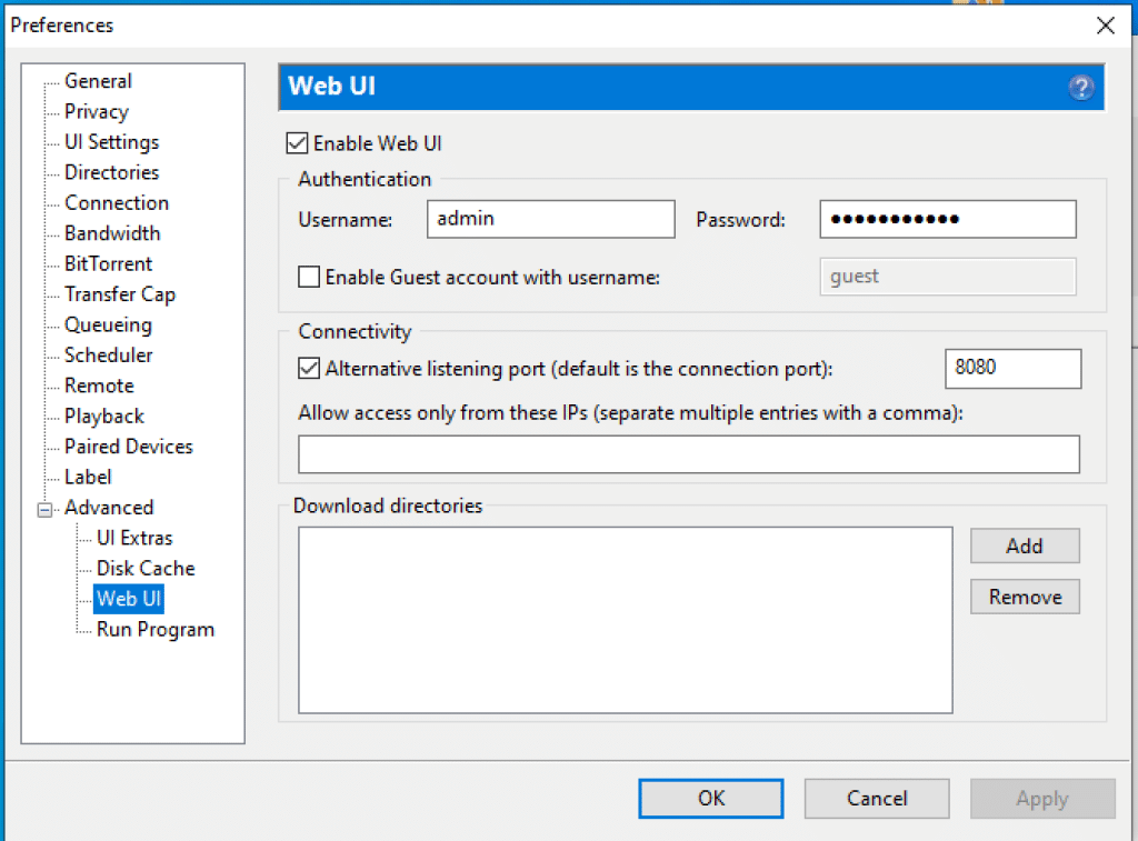 BitTorrent For Chrome Extension enter admin, user and port
